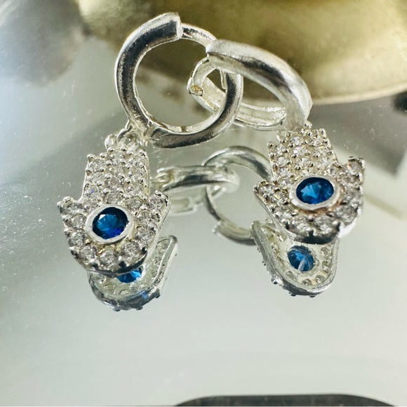Elegant Silver Hamsa Earrings with Blue Zircon Accents - Picture 4 of 10